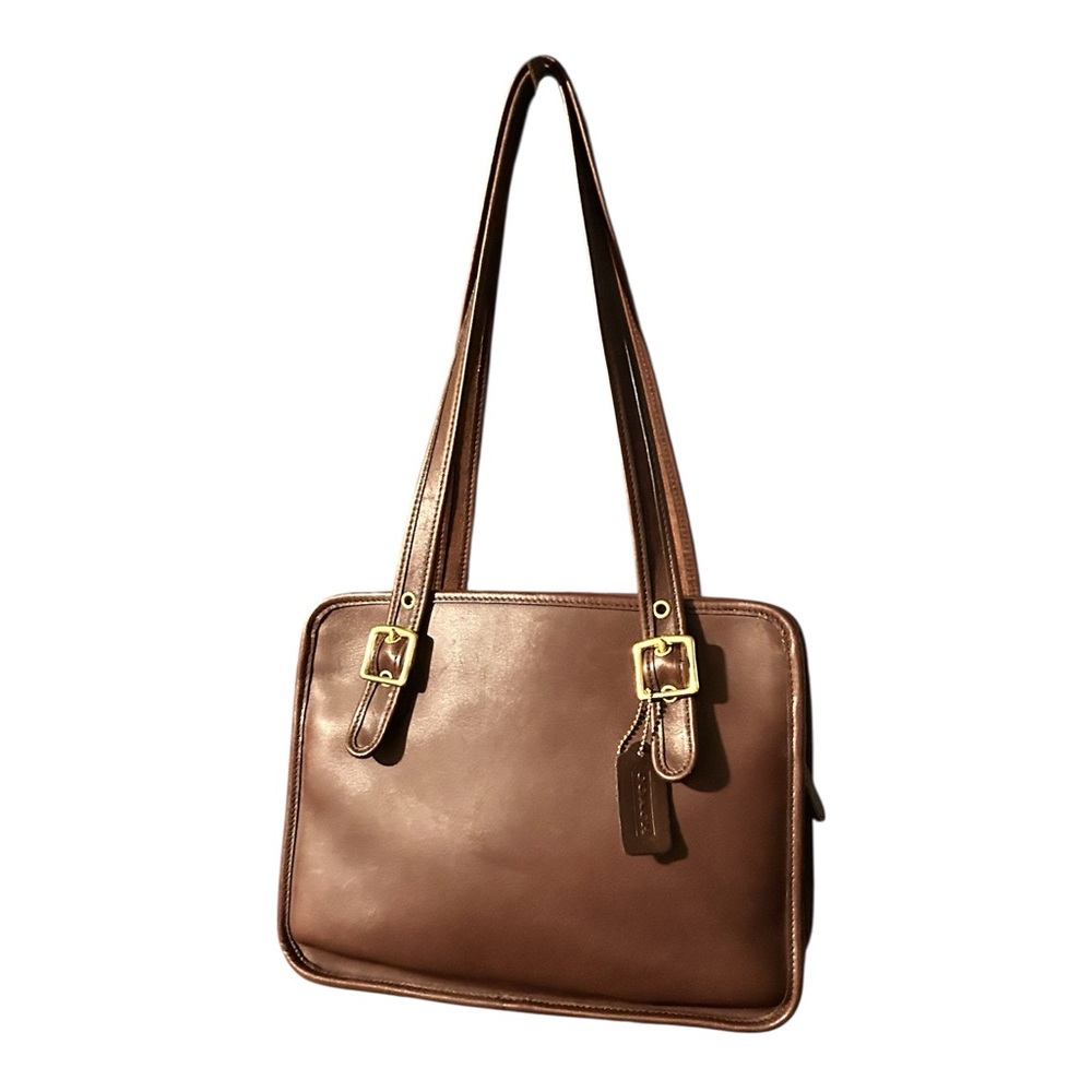 Coach Chocolate Brown Leather Tote with Gold Buckles